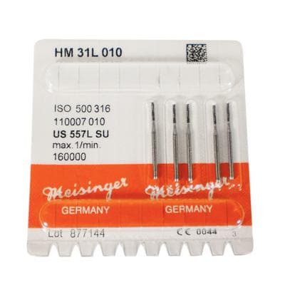 Meisinger Tungsten Carbide Bur HM31L-010, Straight Fissure Cross Cut, FG Extra Long (Surgical) Shank, 1.0 mm Head Diameter, 6.3 mm Head Length, 21 mm Shank Length, #557L, 5/Pkg thumbnail 5