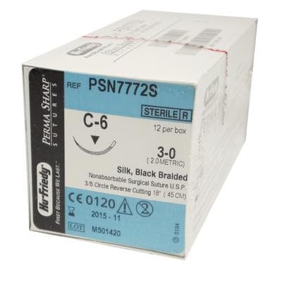 Hu-Friedy Perma Sharp Silk Suture, 3-0, Black, Braided, Non-Absorbable, 18" C-6 Reverse Cutting 3/8 Circle Needle, 12/Box, PSN7772S thumbnail 13