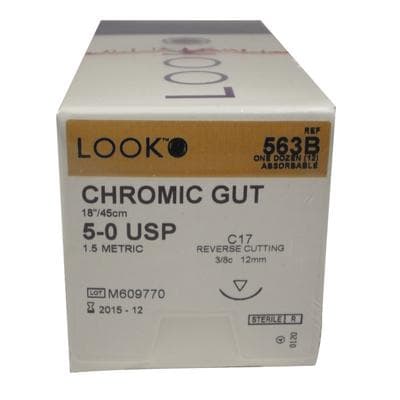 Look Chromic Gut Absorbable Surgical Suture, 5-0, 18"/45 cm, C17 Reverse Cutting Needle, 3/8 Circle, 12 mm, Undyed, 12/Pk, 563B thumbnail 13