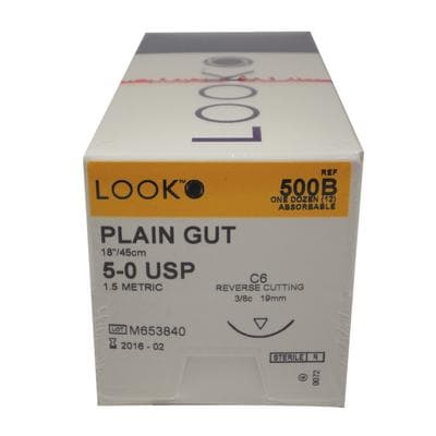 Look 500B Plain Gut Absorbable Suture, 5-0, 18" (45 cm), C-6 Reverse Cutting Needle, 19 mm 3/8 Circle, Beige, 12/Box thumbnail 12