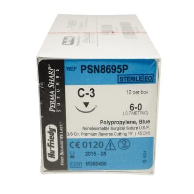 Hu-Friedy Perma Sharp Non-Absorbable Polypropylene Suture, 6-0, Blue, 18", C-3 Needle, 3/8 Circle Premium Reverse Cutting, 12/Box, PSN8695P thumbnail 17