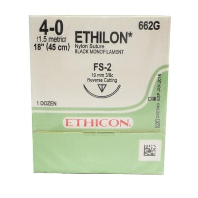 Ethicon Ethilon Nylon Monofilament Non-Absorbable Suture, 4-0, 18", FS-2 Reverse Cutting 3/8 Circle Needle, Black, 12/Box, 662G thumbnail 15