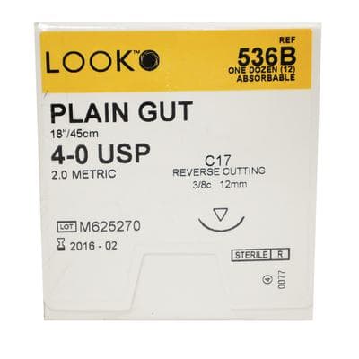 Look 536B Plain Gut Absorbable Suture, 4-0, 18" (45 cm), C-17 Reverse Cutting 3/8 Circle 12 mm Needle, 12/Box thumbnail 10