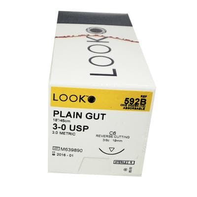 Look Plain Gut Suture, 3-0, 18" (45 cm), C-6 Reverse Cutting Needle, 19 mm 3/8 Circle, Beige, 12/Box, 592B thumbnail 16