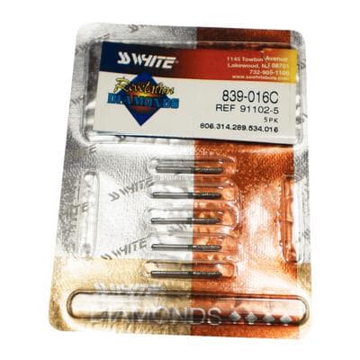 SS White Revelation Diamond Bur #839-016C, Pointed End (Flame), Coarse Grit, Friction Grip, 1.6 mm Head Diameter, 5/Pk thumbnail 5