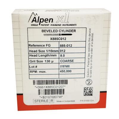 Alpen X1 Sterile Single-Use Diamond Bur, FG, Coarse Grit, Beveled Cylinder, #885-012, 1.2 mm Diameter, 8.0 mm Length, 25/Pk, X885C012 thumbnail 7
