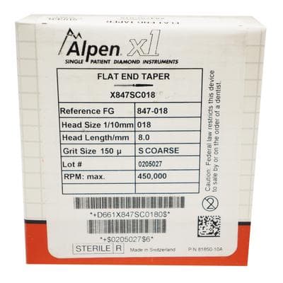 Alpen X1 Diamond Single-Use Bur, FG, #847-018SC, Tapered Flat End, Super Coarse, Black, 1.8 mm, 25/Pk, X847SC018 thumbnail 17