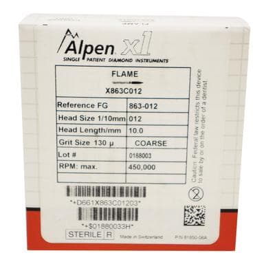 Alpen x1 Single-Use Diamond Bur, FG, Flame, #863-012C, Coarse, Green, 1.2 mm Diameter, 10.0 mm Length, 25/Pk, X863C012 thumbnail 8