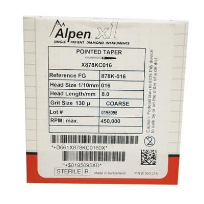 Alpen X1 Sterile Single-Use Diamond Bur, FG 878K-016, Coarse Grit, Curettage Pointed Taper, 1.6 mm Diameter, 8.0 mm Length, 25/Pk, X878KC016 thumbnail 8