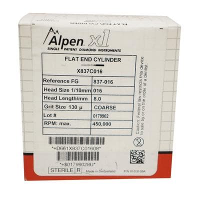 Alpen x1 Single-Use Diamond Bur FG #837-016, Flat End Cylinder, Coarse, Green Ring, 1.6mm Diameter, 8.0mm Length, 25/Pk, X837C016 thumbnail 8