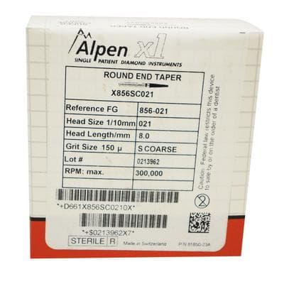 Alpen x1 Single-Use Diamond Bur, FG, #856-021SC, Round End Taper, Super Coarse, Black, 2.1 mm, 25/Pk, X856SC021 thumbnail 18