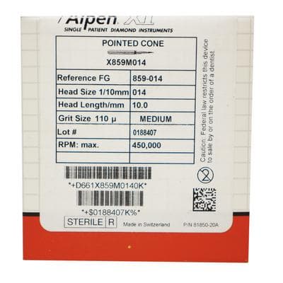 Alpen x1 Single-Use Diamond Bur FG #859.014, Pointed Cone, Medium Grit, 1.4 mm Diameter, 10.0 mm Length, Gray Ring, 25/Pk thumbnail 5