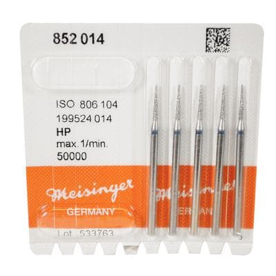 Meisinger 852-014-HP Medium Grit Diamond Bur, Round End Taper (Cone), 1.4 mm Diameter, 10 mm Working Length, HP Shank, Blue Ring, 5/Pack thumbnail 7
