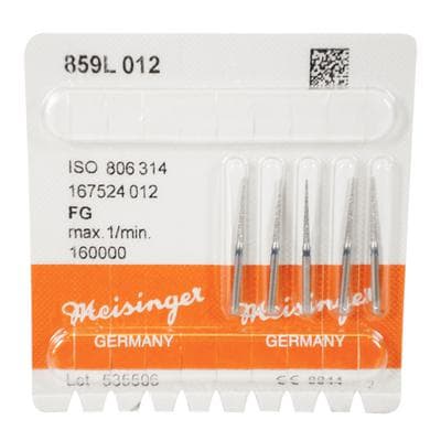 Meisinger 859L-012-FG Diamond Bur, Medium Grit, Blue Ring, Long Needle, Point End, Friction Grip, 1.2 mm Head Diameter, 12.0 mm Head Length, 5/Pkg thumbnail 6