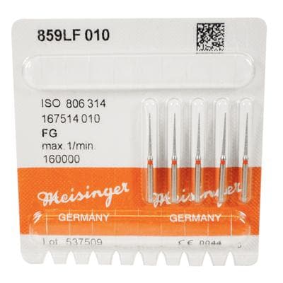 Meisinger FG #859LF.010 Fine Needle-Shaped Interproximal Reduction Diamond Bur, 1.0 mm Head, 12 mm Working Length, Red Ring, 5/Pk thumbnail 8