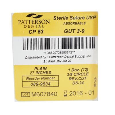 Patterson® Plain Gut Dental Surgical Absorbable Sutures, Size 3-0, DS24, 3/8 Circle, Reverse Cutting, 27" Length, 12/Pkg - Patterson® Plain Gut Dental Surgical Absorbable Sutures - Size 3-0, DS24, 3/8 Circle, Length 27" - Image 1