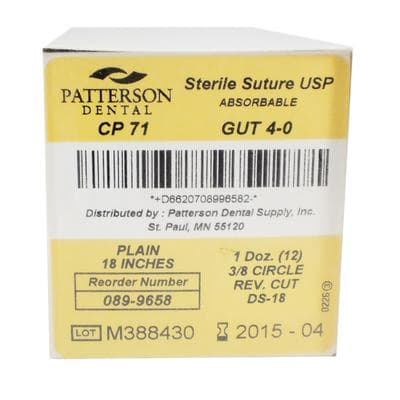 Patterson® Plain Gut Dental Surgical Absorbable Sutures, Size 4-0, DS18, 3/8 Circle, Reverse Cutting, Length 18", 12/Pkg - Patterson® Plain Gut Dental Surgical Absorbable Sutures - Size 4-0, DS18, 3/8 Circle, Length 18" - Image 1