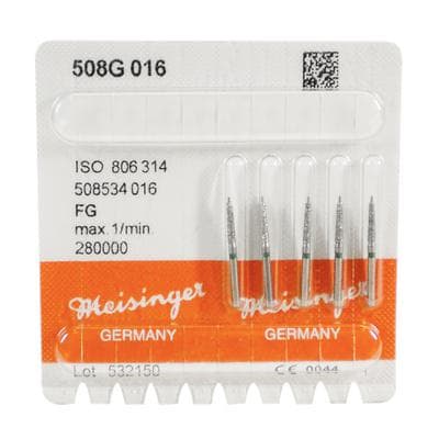 Meisinger 508G-016-FG Crown Preparation Diamond Bur, Tapered Guide Pin, FG, 1.6 mm Head Diameter, Coarse Grit, Green Ring, 5/Pk thumbnail 8