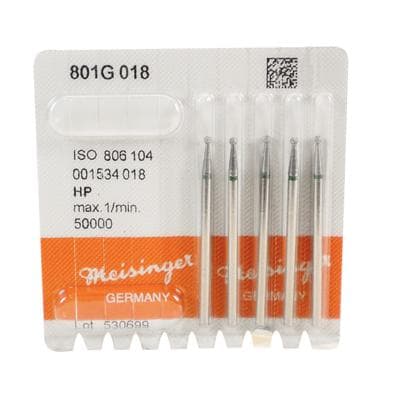 Meisinger 801G-018-HP Coarse Diamond Bur, Round, 1.8 mm, Green Ring, Handpiece Shank, 5/Pk thumbnail 6