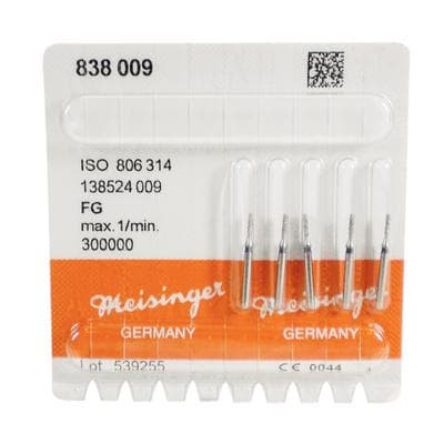 Meisinger 838-009-FG Diamond Bur, FG, Medium Grit, Blue Ring, Round End Cylinder, 0.9 mm Head Diameter, 4.0 mm Head Length, 5/Pkg thumbnail 7