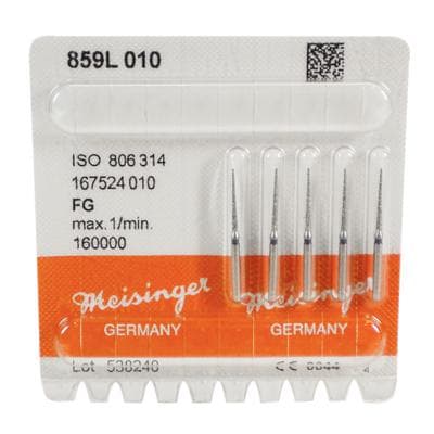 Meisinger FG #859L.010 Medium, Needle Shaped, Interproximal Reduction Diamond Bur, 1.0mm Head, 12mm Working Length, Blue Ring, 5/Pk thumbnail 7
