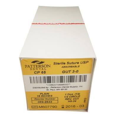 Patterson® Plain Gut Dental Surgical Absorbable Sutures, Size 3-0, HS-24 / C-31, 1/2 Circle Reverse Cutting, 18" Length, 12/Pkg - Patterson® Plain Gut Dental Surgical Absorbable Sutures - Size 3-0, HS-24, 1/2 Circle, Length 18" - Image 1