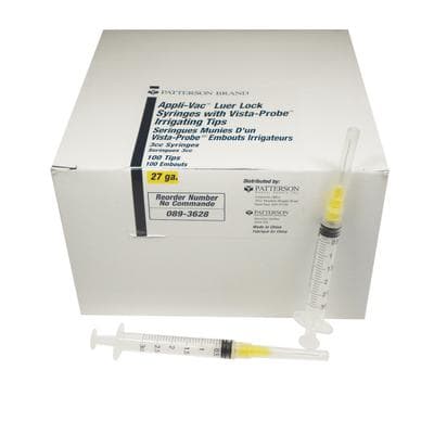 Patterson® Endodontic Syringe with Irrigation Needle, 3 cc Luer Syringe, Closed End Side-Port Needle, 27 Gauge, 1" Needle, Yellow, Disposable, 100/Pkg - Patterson® Endodontic Syringe with Irrigation Needle – 3 cc Luer Syringe with Closed End Side-Port Needle, 100/Pkg - 27 Gauge Needle - Image 1