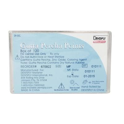 Dentsply Maillefer Gutta Percha Points, Medium-Fine, Hand Rolled, Color Coded, 20 Points/Vial, 6 Vials/Box, 670922 thumbnail 2