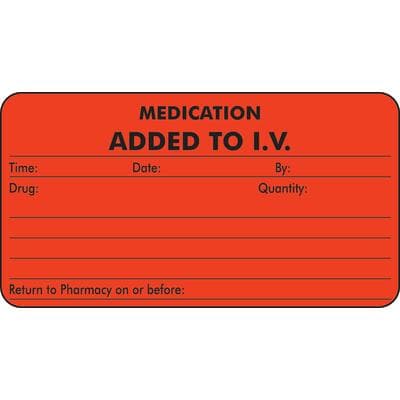 Chart Labels - DDS/MD - Medication Added To I.V., Fluorescent Red, 3-1/4" W x 1-3/4" H, 250/Roll - Chart Labels - DDS/MD - Medication Added To I.V., Fluorescent Red, 3-1/4" W x 1-3/4" H, 250/Roll - Image 1