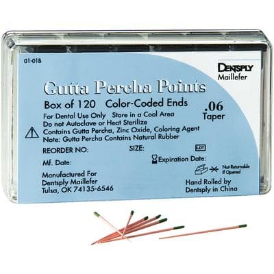Dentsply Maillefer Gutta Percha Points, X-Fine (XF), Hand Rolled, Color Coded, 20 Points/Vial, 6 Vials/Box, 120 Points Total, Ref 670920 thumbnail 2