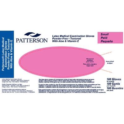 Patterson® Latex Exam Gloves with Aloe and Vitamin E, Powder Free, Non-Sterile, Small, Textured, Beaded Cuff, 100/Box - Patterson® Latex Exam Gloves with Aloe and Vitamin E - Small, Pink Box, 100/Box - Image 1