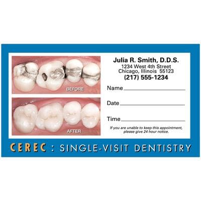 CEREC Appointment Cards, Sticker, 3-1/2" W x 2" H, White, Full Color, 500/Pkg - CEREC Appointment Cards (Sticker & Non-Sticker), 3-1/2" W x 2" H, 500/Pkg - Sticker, 500/Pkg - Image 1
