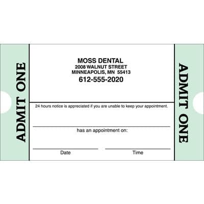 Appointment Card, Admit One, 3-1/2" W x 2" H, Seafoam Green Design, White, 500/Pkg - Appointment Card – 3 1/2" W x 2" H, 500/Pkg - Admit One - Image 1