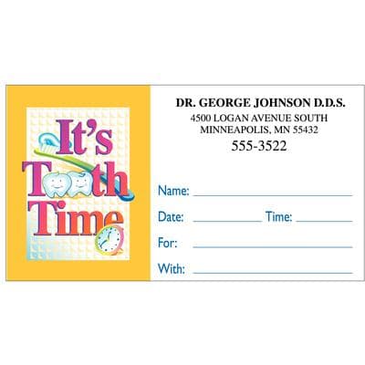 Appointment Card, 3-1/2" W x 2" H, Full Color, It's Tooth Time Design, 500/Pkg - Appointment Card, 3-1/2" W x 2" H, 500/Pkg - It's Tooth Time, 3-1/2" W x 2" H - Image 1