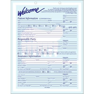 ColorForms™ Toothbrush Patient Information Form, Head to Tail, 2-Sided, Blue, 8-1/2" x 11", 2-Hole Punched, 100/Pkg - ColorForms™Toothbrush, 8-1/2" W x 11" H, 100/Pkg - Patient Information Head to Tail - Image 1