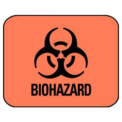 Biohazard Labels, 1-1/4" W x 1" H, Fluorescent Red, 500/Roll - Biohazard Labels - Biohazard Label, 1-1/4" W x 1" H, 500/Roll - Image 1