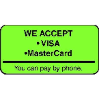 Collection/Billing Labels - We Accept Visa, Fluorescent Green, 2" W x 1" H, 500/Roll - Collection/Billing Labels - We Accept Visa, Fluorescent Green, 2" W x 1" H, 500/Roll - Image 1