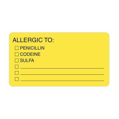 Chart Labels - DDS/MD - Allergic To, Fluorescent Yellow, 3-1/4" W x 1-3/4" H, 500/Roll - Chart Labels - DDS/MD - Allergic To, Fluorescent Yellow, 3-1/4" W x 1-3/4" H - Image 1