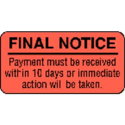 Collection/Billing Labels - Final Notice – Immediate Action, Fluorescent Red, 2" W x 1" H, 500/Roll - Collection/Billing Labels - Final Notice – Immediate Action, Fluorescent Red, 2" W x 1" H, 500/Roll - Image 1