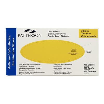 Patterson Latex Exam Gloves, Powder Free, Non-Sterile, Extra Small (5-5.5), Yellow Box, 100/Box, 10 Boxes/Case - Patterson Latex Exam Gloves – Powder Free - Extra Small 5 – 5-1/2, Yellow Box, 100/Pkg, 10 Pkg/Case - Image 1