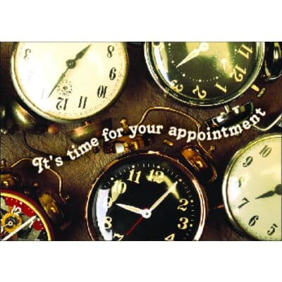 Reminder Postcards (DDS/MD) 4-Up Laser, Clocks Design, 5-1/2" W x 4-1/4" H, 100/Pkg - Reminder Postcards (DDS/MD) 4-Up Laser, 100/Pkg - Clocks, 5-1/2" W x 4-1/4" H - Image 1