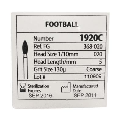 NeoDiamond® FG Diamond Bur, Football Shape, Coarse Grit, Green Ring, #368 (1920C), 2.0 mm Diameter, 5.0 mm Length, 25/Pkg thumbnail 6