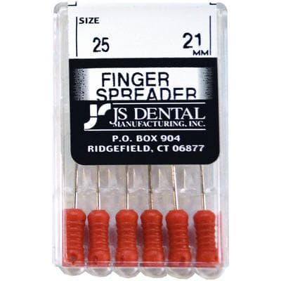 JS Dental Finger Spreaders, Stainless Steel, ISO Color-Coded Plastic Handle, 21 mm, Size 25, 6/Pkg - Finger Spreaders - Stainless Steel - 21mm #25 - Image 1