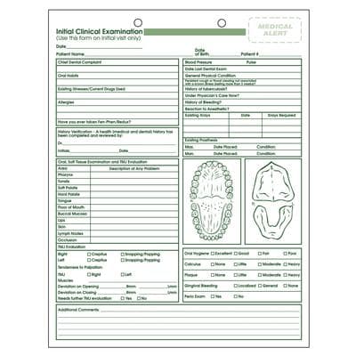 Dental Initial Clinical Exam Forms, 8-1/2" x 11", 2-Sided, Green Design, 2-Hole Punched, 100/Pkg, 110lb Stock - Dental Initial Clinical Exam Forms, 8-1/2" x 11", 100/Pkg - 110lb Stock - Image 1