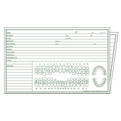 Patterson Dental Examination Forms, Full Tooth Chart, 8" W x 10" H Overall, 8" W x 5" H Folded, 2-Sided, Green Design, 100/Pkg - Examination Forms, 8" W x 10" H, Overall, 8" W x 5" H Folded, 100/pkg - Dental Chart Full Tooth - Image 1