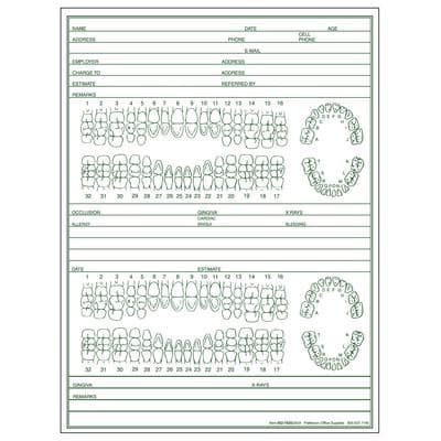 Patterson Examination Forms, 6" W x 8" H Overall, 6" W x 4" H Folded, 2-Sided, Green Design, 100/Pkg, #2424 - Examination Forms, 6" W x 8" H Overall, 6" W x 4" H Folded, 100/pkg - #2424 - Image 1