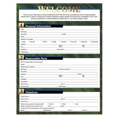 ColorForms™ Dark Green Border Patient Information Forms, 8-1/2" W x 11" H, 2-Sided, 100/Pkg - ColorForms™ Dark Green Border, 8-1/2" W x 11" H, 100/Pkg - Patient Information - Image 1