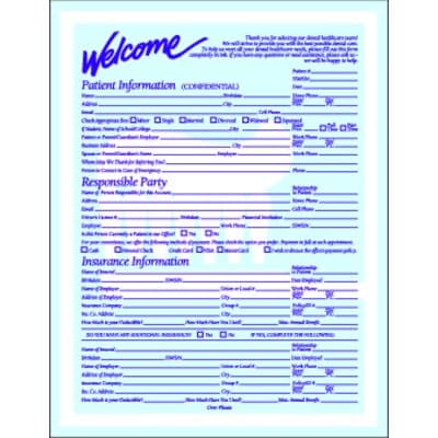 ColorForms™ Toothbrush Patient Information Form, 8-1/2" W x 11" H, 2-Sided, Head to Head, Blue, 100/Pkg - ColorForms™Toothbrush, 8-1/2" W x 11" H, 100/Pkg - Patient Information Head to Head - Image 1