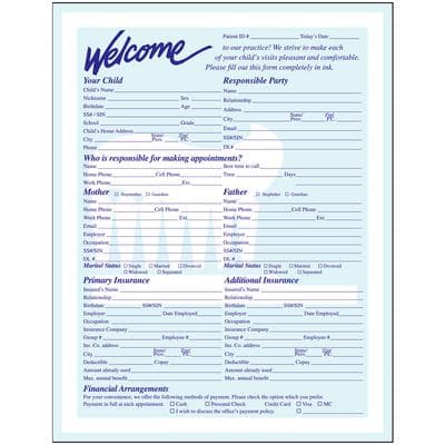 ColorForms™ Toothbrush Pediatric Patient Information Form, 8-1/2" W x 11" H, 2-Sided, Blue Design, 100/Pkg - ColorForms™Toothbrush, 8-1/2" W x 11" H, 100/Pkg - Pediatric Patient Information - Image 1