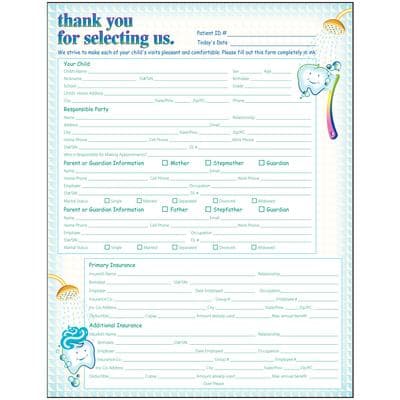 Pediatric Patient Information Tooth Shower ColorForms™ Form, 2-Sided, Full Color, 8-1/2" x 11", 2-Hole Punched, 100/Pkg - Pediatric Patient Information, Tooth Shower ColorForms™  - Form - Image 1